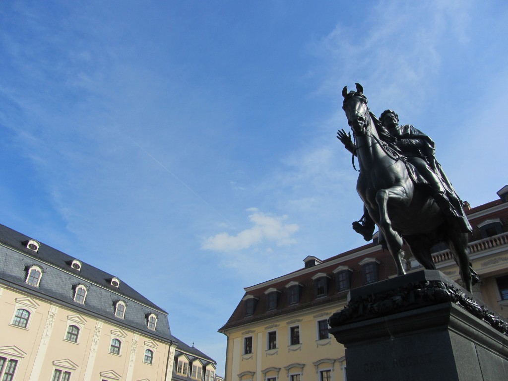 Statue of Karl August, former Duke of Saxe-Weimar, stands in a square between the Furstenhaus and Duchess Anna Amalia Library.