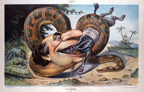 Illustrated above is American populist William Jennings Bryan as a large snake engulfing the Democratic Party. (Credit: John S. Pughe)