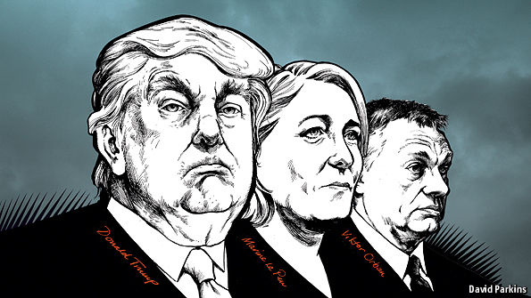 Three of today’s biggest populists: America’s Donald Trump, Marine Le Pen of France and the Hungarian Viktor Orban. (Credit: David Parkins, The Economist.)