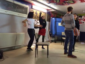 The Clouds, Socrates, and Strepsiades rehearsing in the K24 Party Room (Credit: Maria Khan)