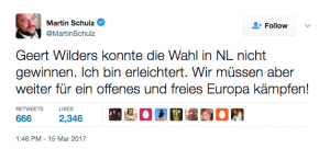 [“Geert Wilders couldn’t win the Dutch elections. I am relieved. We must continue our fight for a free and open Europe” (Credit: Martin Schulz via Twitter)] 