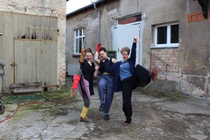 Three clowns having fun during a workshop at BCB (Credit: Anna Zakelj)