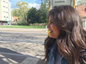 Wafa pictured at the tram stop at Kuckhoffstrasse. (Credit: Tanya Sharma)