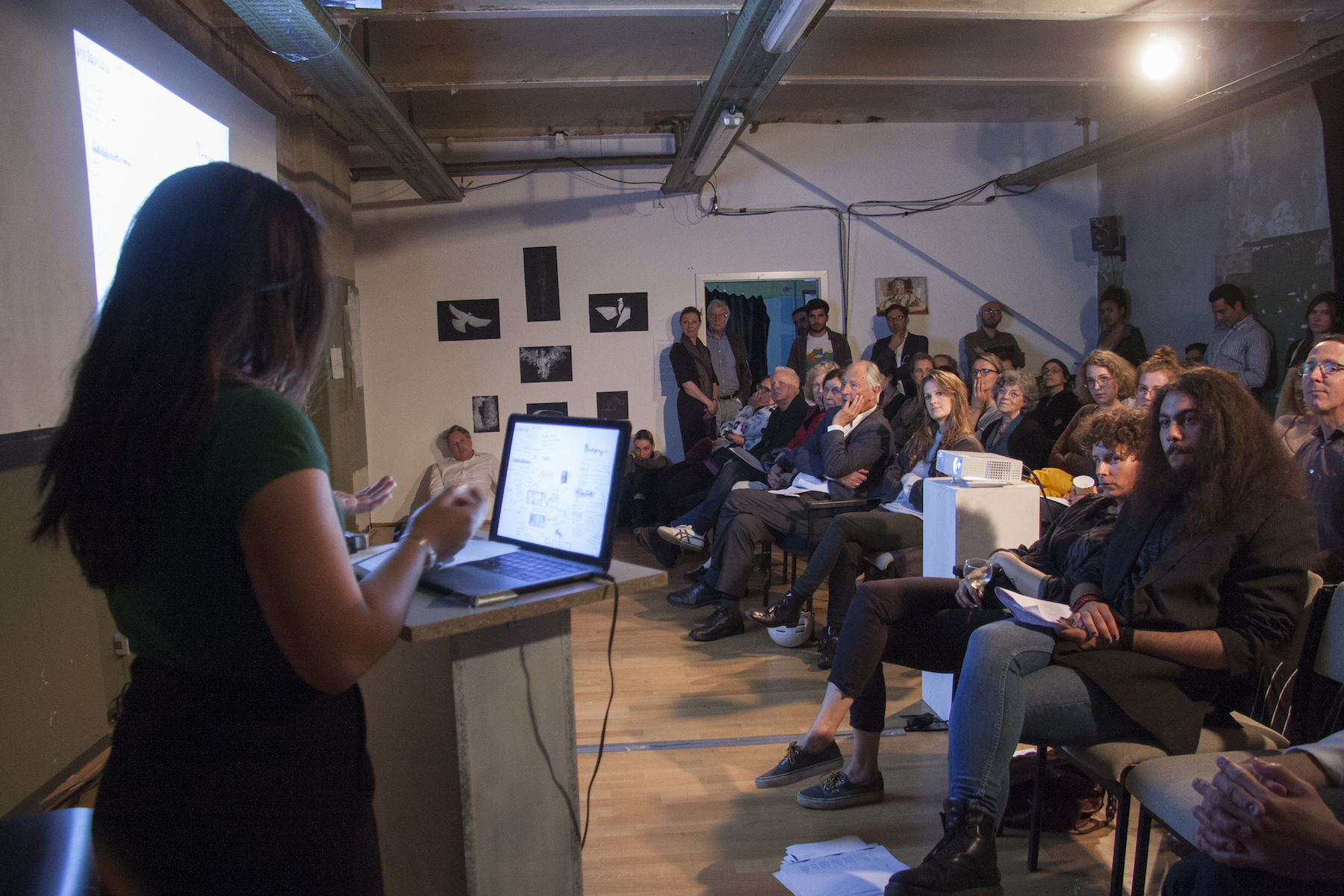 Maria Jose Sarmiento speaking about her work during the "I Am The Ghost" event this past Spring 2018 (Photo by Irina Stelea)